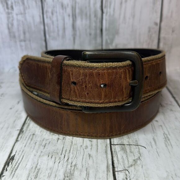 Men's BILL ADLER Belt Brown Leather Canvas Trim  Size 40 - Picture 1 of 8